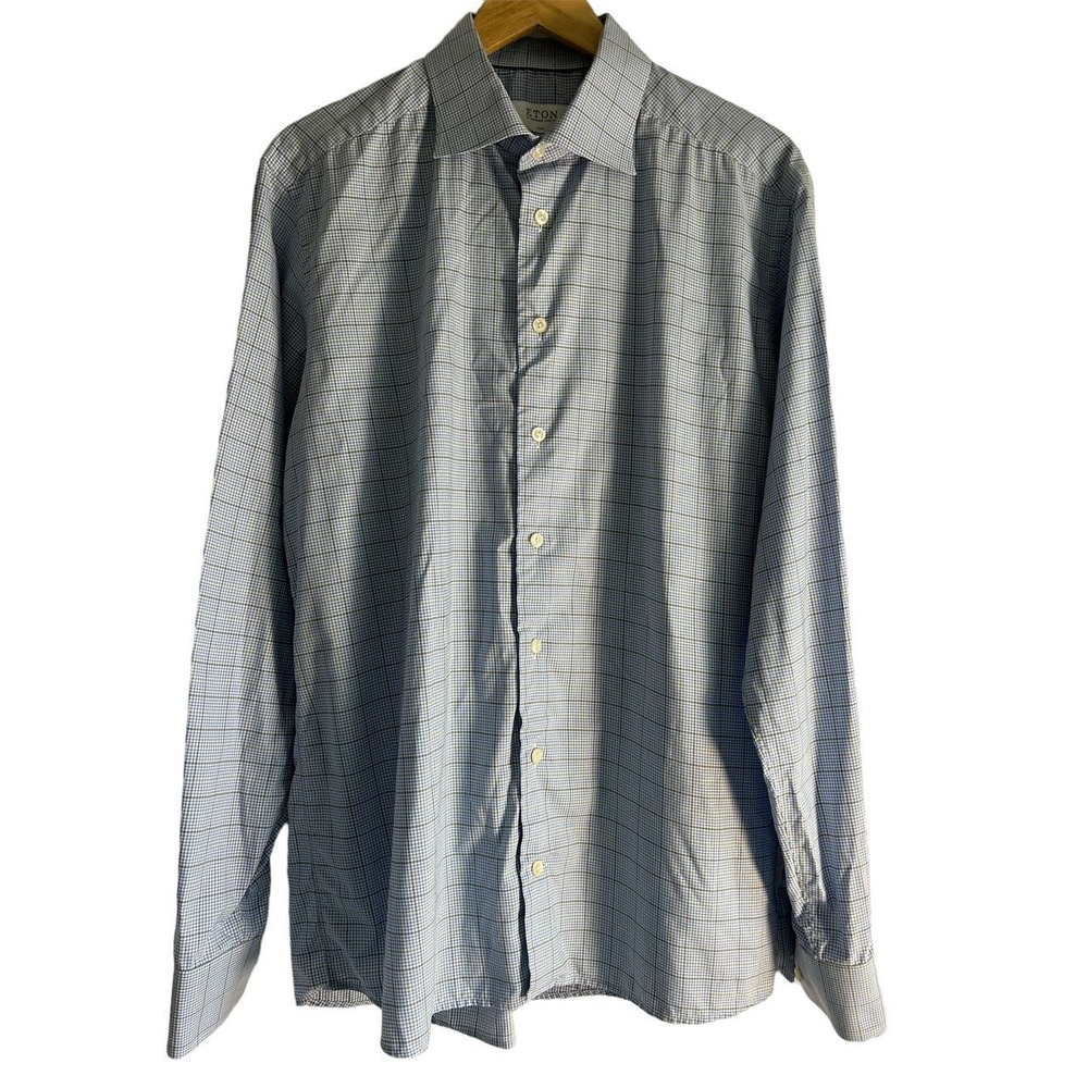 Eton Men's‎ Size 17.5 Slim Checkered Print Button Up Dress Shirt